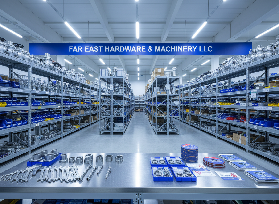 A wide interior view of a modern industrial supply warehouse labeled “Far East Hardware & Machinery LLC,” with tall, neatly organized shelving stacked with gleaming metal valves, fasteners, power tools, and machine components. In the foreground, a clean, polished steel workbench displays a curated selection of high-quality wrenches, precision bearings, and cutting discs arranged in an orderly layout. Cool white overhead LED lighting creates crisp, even illumination, highlighting the textures of brushed steel, rubber grips, and machined aluminum. The mood is professional, efficient, and trustworthy. Shot at eye level with sharp focus throughout, the photographic realism emphasizes cleanliness, organization, and 20 years of dependable supply capability, with subtle depth leading the eye down the central warehouse aisle.